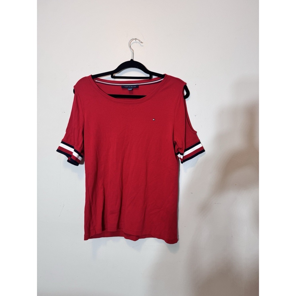 Womens Tommy Hilfiger Cold Shoulder Red Top Shirt Scoop Neck Top Size Large